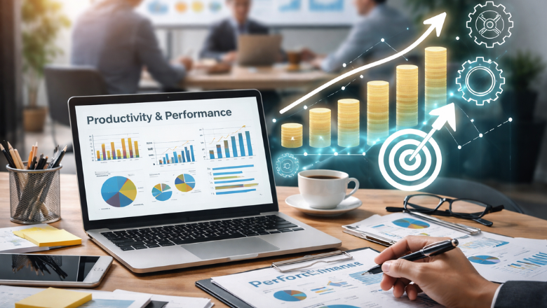 Visual analytics from an auto dialer app show rising profits and a hit target for performance.