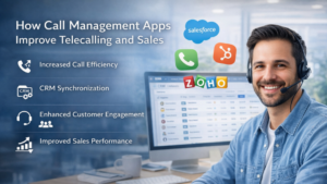 Hand holding phone showing call management app with CRM brand logos.