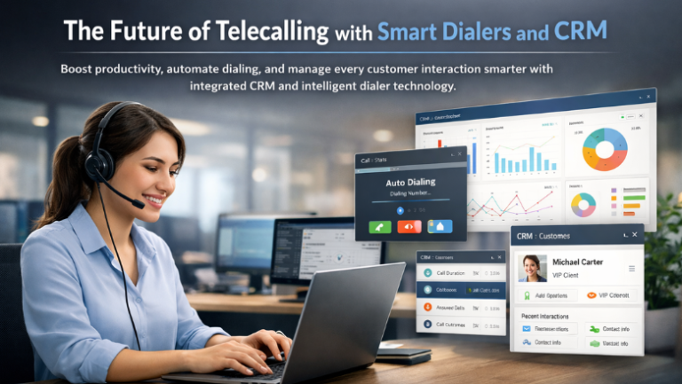Female telecaller using laptop with smart dialer and CRM dashboards.