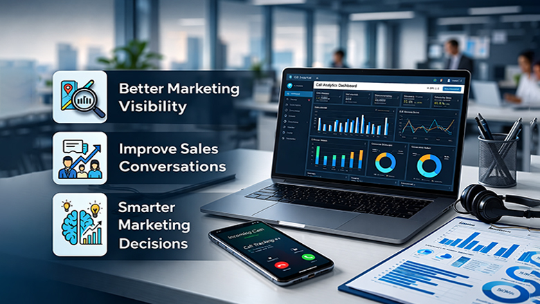 A call analytics dashboard on a laptop illustrating marketing visibility, improved sales, and smarter decision-making.