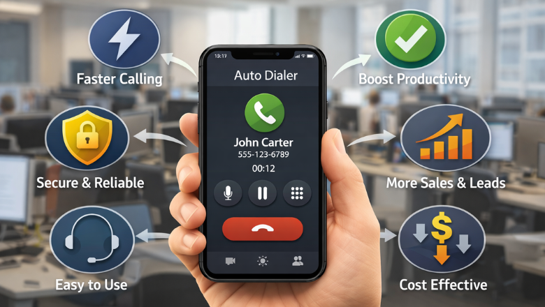 A modern auto dialer app interface in-hand showing features like cost-effectiveness and sales boost.
