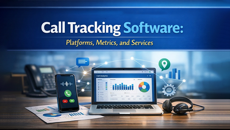 A high-tech guide banner showing a laptop and smartphone visualizing call tracking platforms, metrics, and services.