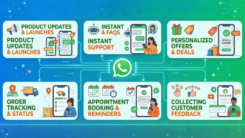 A digital graphic showcasing different ways businesses use a WhatsApp marketing strategy, including order tracking, appointment bookings, and collecting valuable customer feedback efficiently.