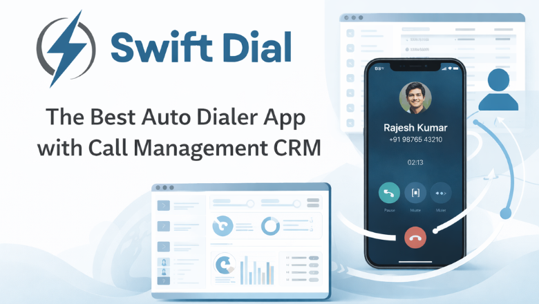 A mobile and desktop preview of Swift Dial, showcased as the best auto dialer apps with integrated call management CRM.