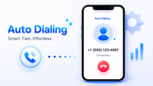 A smartphone mockup showing an active Auto Dialing screen with a connecting call, phone icon, and minimalist background elements.