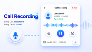 A digital interface displaying an audio waveform, playback controls, and contact details for a recorded phone conversation.