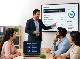 A manager points to a call performance dashboard on a screen while training three call center agents wearing headsets.