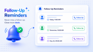 A clean UI showing a notification bell and a list of scheduled follow-up tasks with contact icons and times.