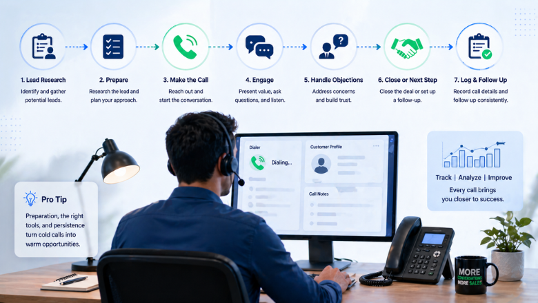 A seven-step flowchart illustrating the professional cold calling process, from initial lead research to final logging and follow-up.