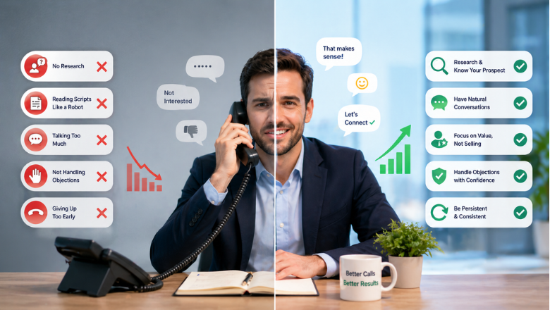 A split comparison showing effective cold calling techniques versus common mistakes to improve sales performance and conversation quality.