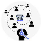 A circular graphic showing multiple customer silhouettes being funneled toward a central telephone icon and an agent with a headset.
