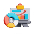 A 3D visualization combining a colorful pie chart, a bar graph with a rising arrow, and a user profile icon.