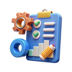 A 3D icon featuring a clipboard with checkmarks, a gear, and bar charts, representing organized workflow and productivity tracking.