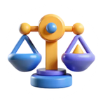 A 3D stylized balance scale in blue and yellow, symbolizing legal compliance, fairness, or data comparison.