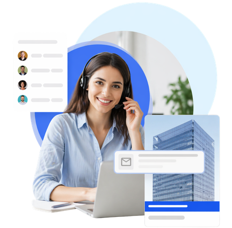 A professional woman uses Call Management Software to organize business calls, featuring a contact list, laptop, and office building.