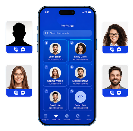 A smartphone displays a Call Management App interface with a contact grid, surrounded by profile cards for mobile team collaboration.