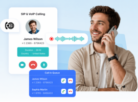 A man smiling on a phone call alongside call management software interfaces displaying calling, voice recordings, and queues.
