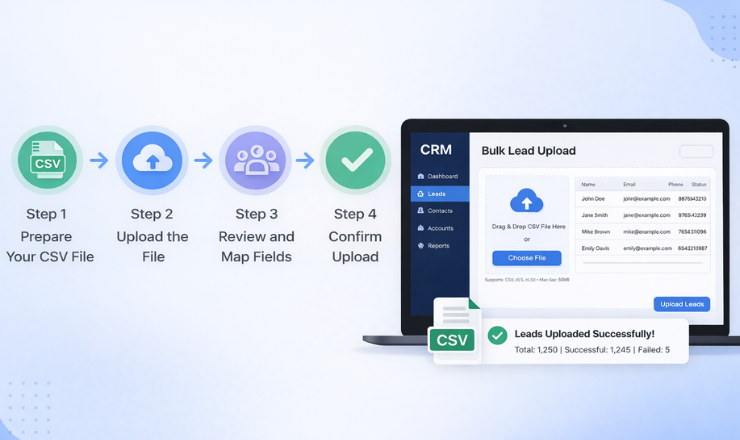 A four-step visual guide for performing bulk lead upload CRM.