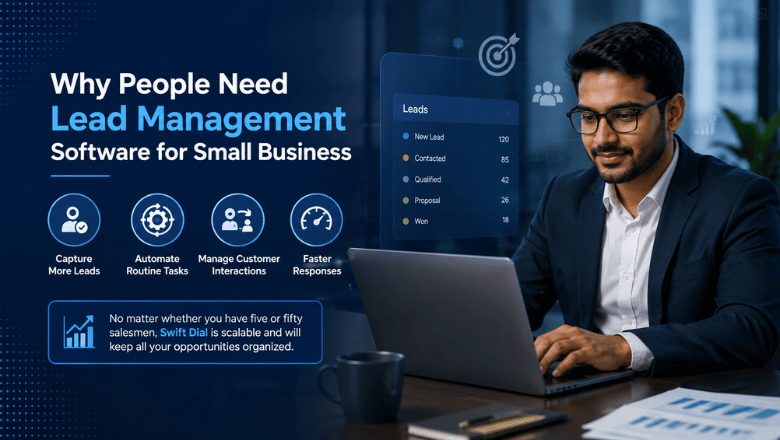 Lead management software for small businesses featuring CRM automation, customer interactions, faster responses, scalable sales management, and a modern professional workspace.