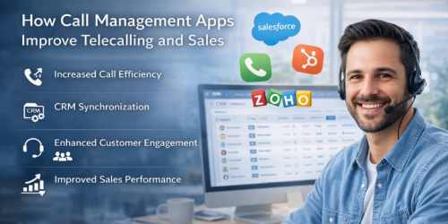 Hand holding phone showing call management app with CRM brand logos.